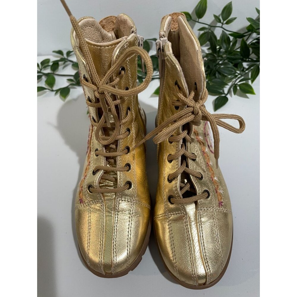 Gold Leather Embroidered Lace-Up Boots Made In Italy By Y. Iacovelli Size 28 Kid